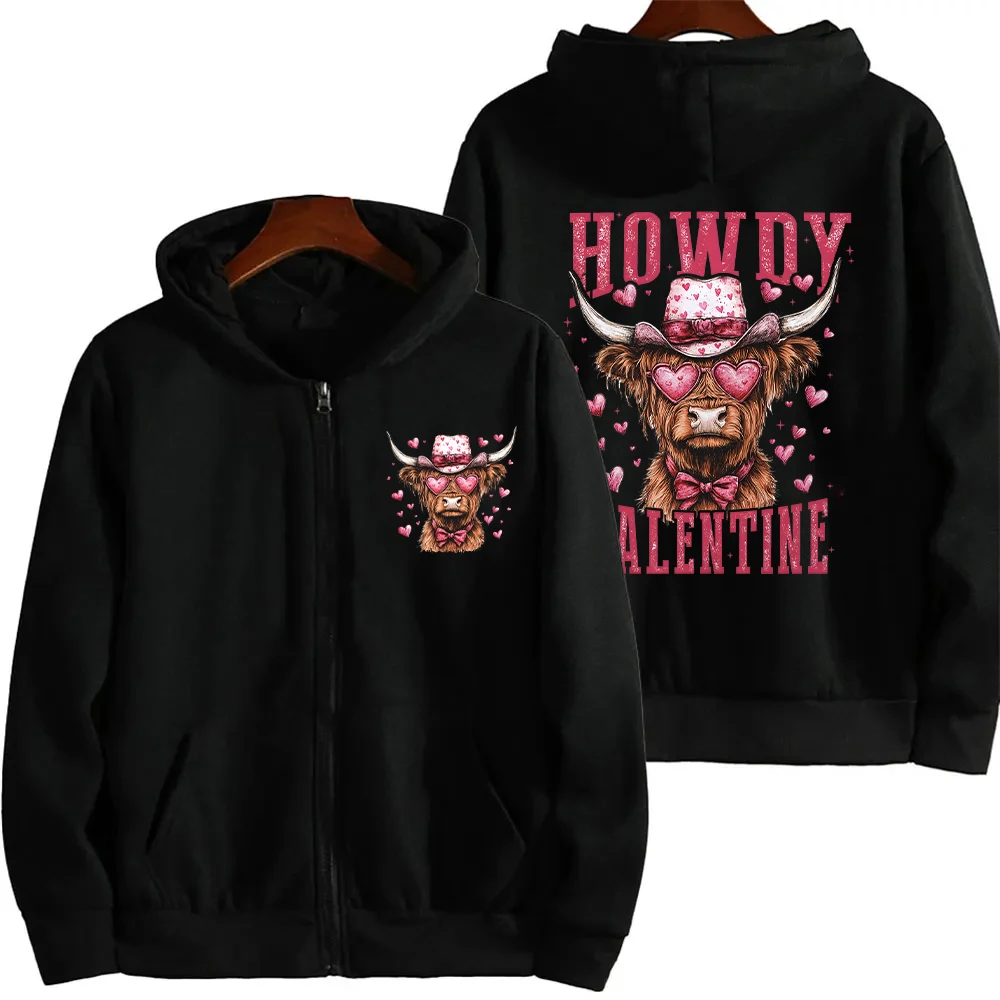 Howdy Valentine Zip Up Hoodies for Women Highland Cow Coquette Hoodies Love Clothes Valentines Design Women Hooded Sweatshirts