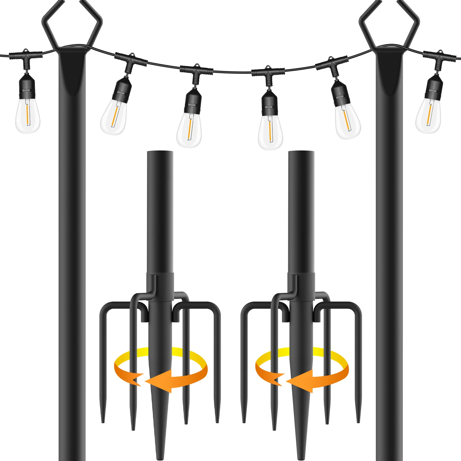 11.1Ft Outdoor String Light Poles 2 Pack Metal Stand with Fence Brackets Heavy Duty Hanging Light Pole for Deck Patio Backyard Garden Wedding Party Festoon Globe String Lights Support Pole