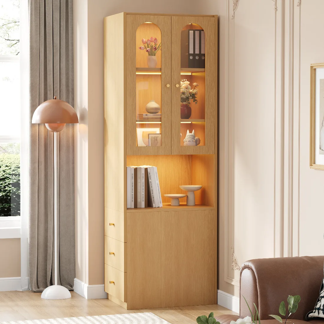Librería Alta Estrecha de 60x40x200cm con 3 Cajones Laterales, Vitrina con Iluminación LED y Vidrio Templado, Instalación Reversible, Antivuelco para Oficina en Casa