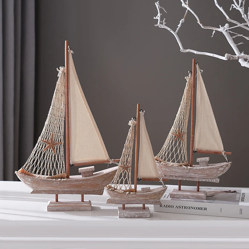 Retro Mediterranean Style Wooden Sailing Boat Ornaments Handmade Small Wood Fishing Boat Model Desktop Crafts Gift DIY Home Deco