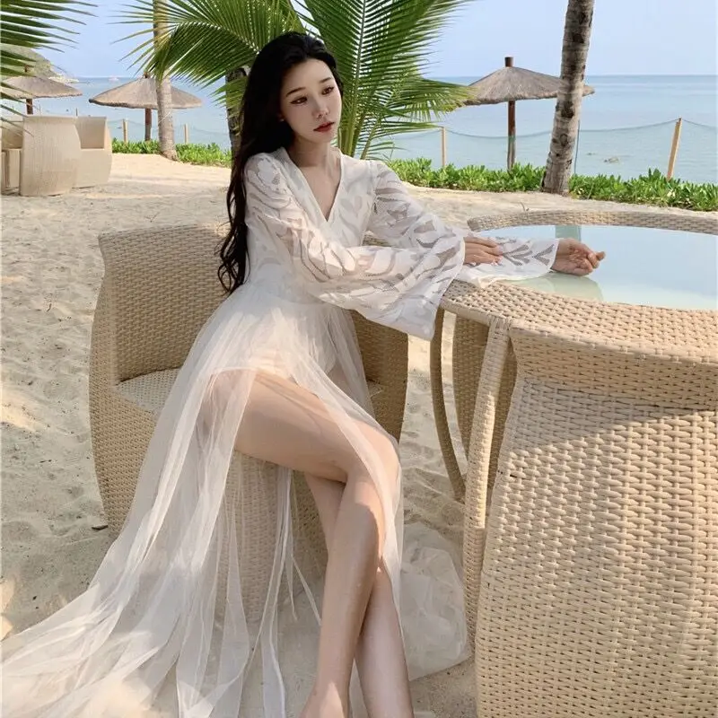 

Sheer Mesh Flowy Bodysuit Spliced Dress Women Korean Style Design Long Sleeve Sundress Robes Lady Beach Vacation Fairy Vestidos