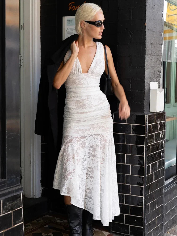 Nieuwe Kant Ruches Sexy Maxi Jurk Vrouwen Jurk Wit Patchwork Diepe V-hals Mouwloos Backless Hoge Taille Lange Tank Jurk