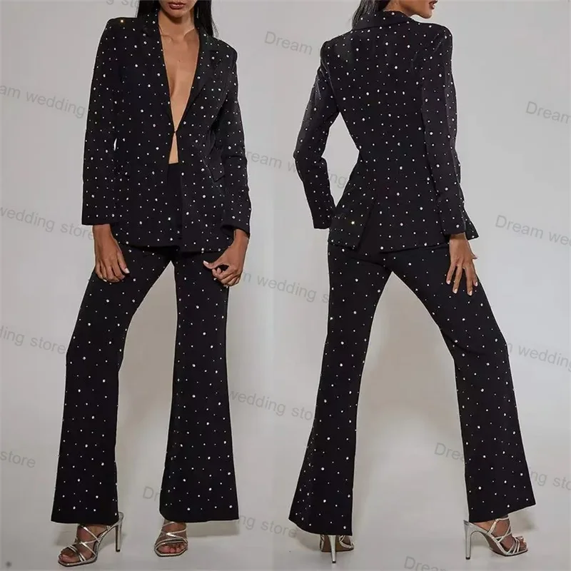 Formal preto cristais feminino ternos saia 1 peça longo blazer casamento smoking feito sob encomenda outono escritório senhora jaqueta casaco vestido de baile