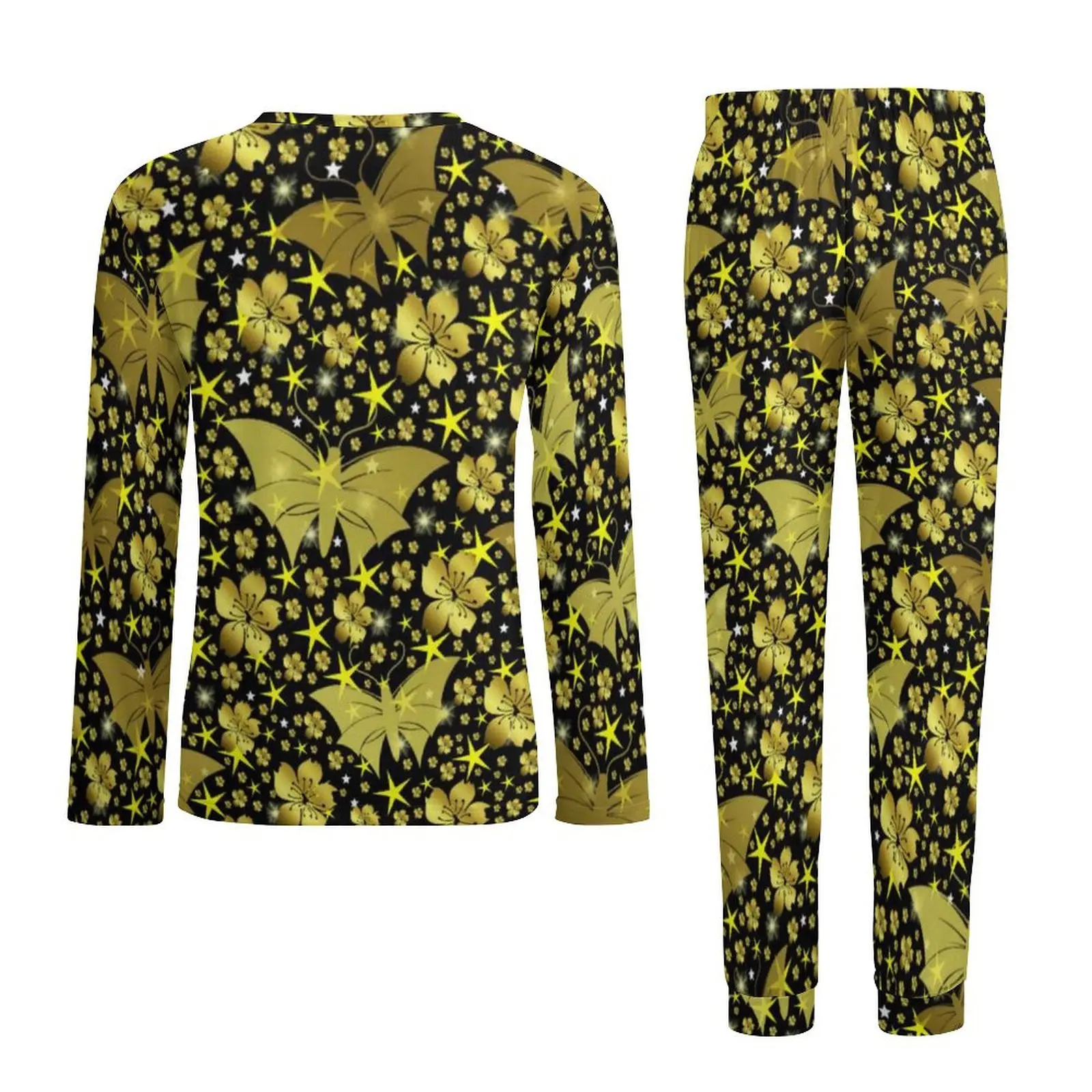 Gold Bright Metallic Pajamas Shiny Butterflies Men Long Sleeves Retro Pajamas Set 2 Pieces Room Winter Custom Home Suit Gift