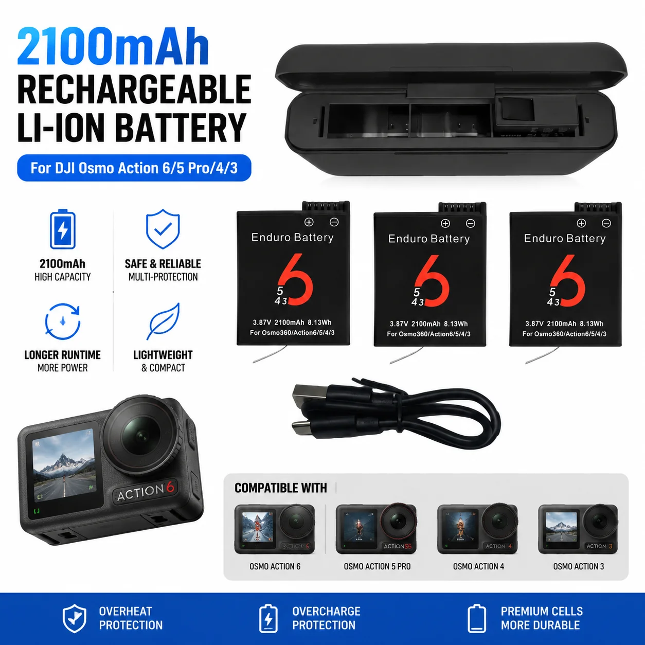 

2100mAh Rechargeable Battery 3 Slot LED Charger Dock For DJI Osmo Action 5 Pro 6 4 3 Sport Camera Charger Hub Accessories