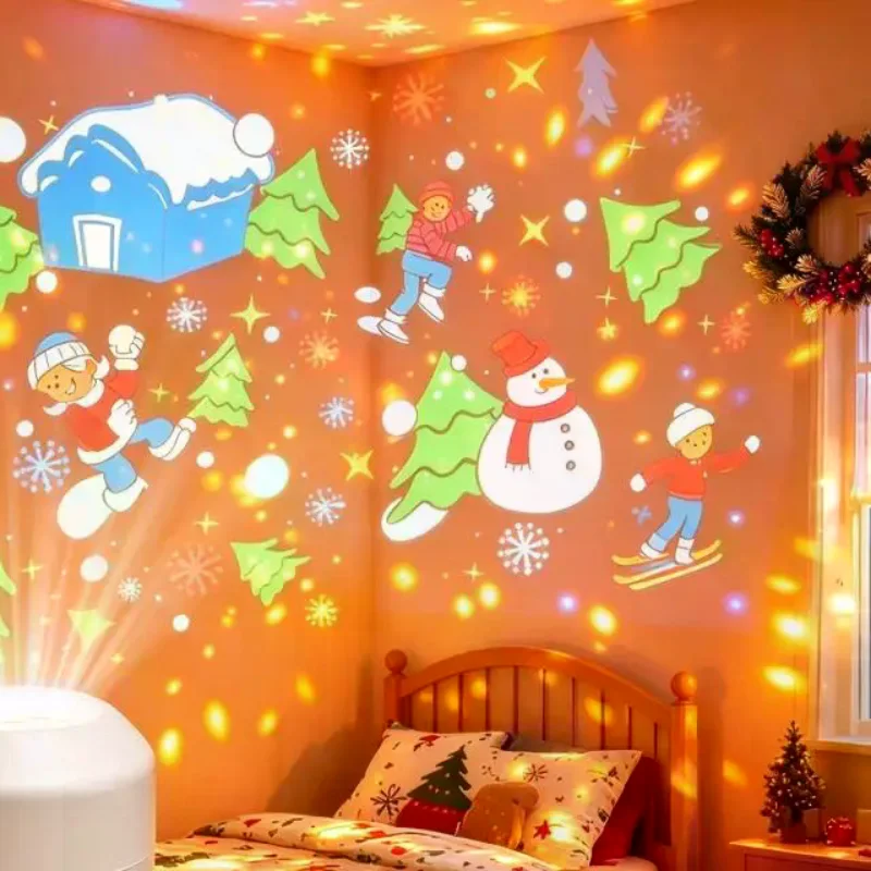 Christmas Projector Night Light Rotatable Snowman Elk Snowflake Projection Lamp For Bedroom Xmas Holiday Party Home Decor