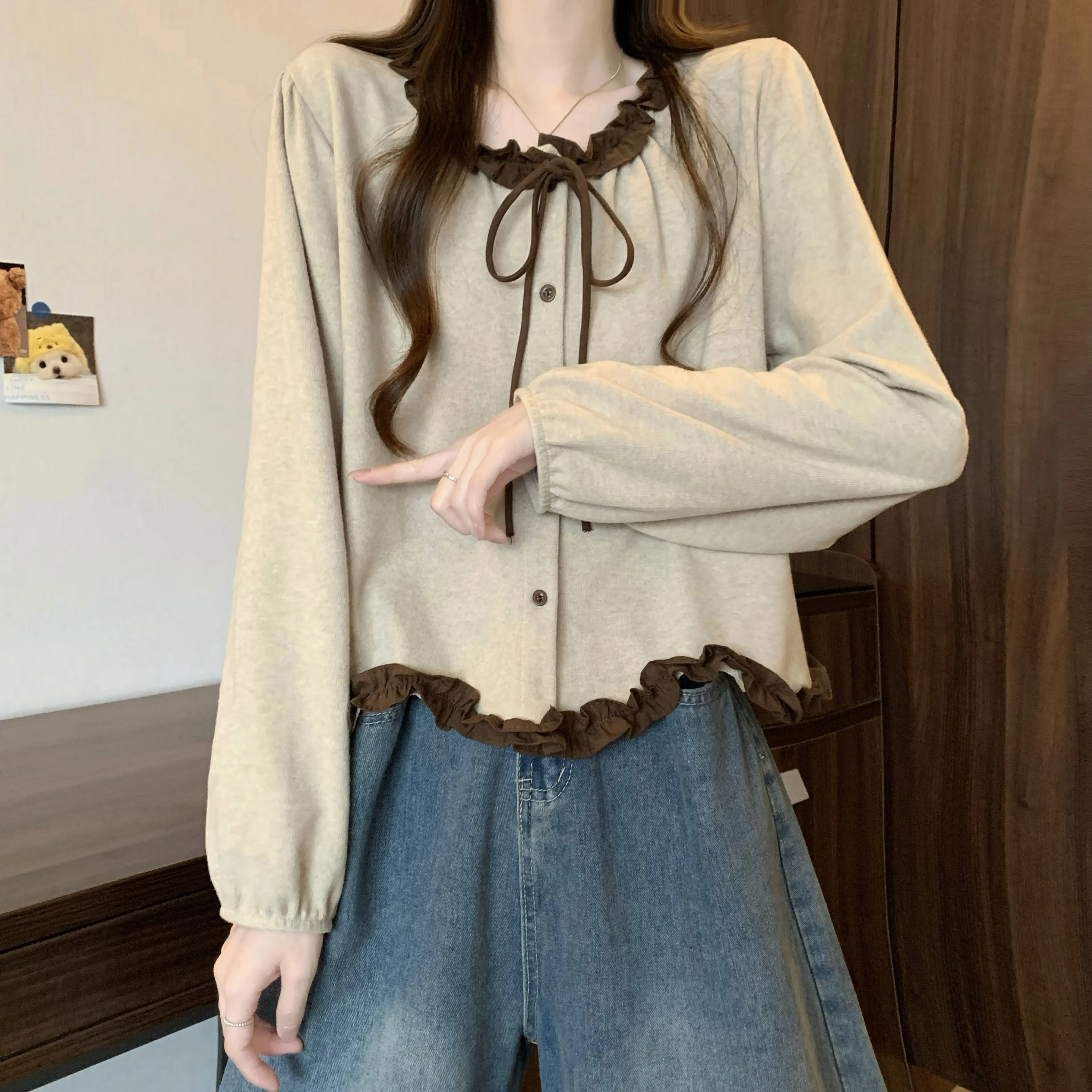 قميص بحزام بعقدة التخسيس مع لون خشب Blo لخريف وشتاء عصري للنساء من الدانتيل irt Commute Sle #4