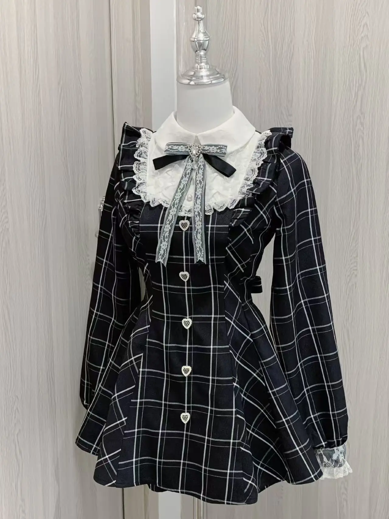Sukienka w stylu Y2K z japońską koronką, Jirai Kei, Yami Kawaii, styl akademicki, kokarda, falbana na dole, dopasowana spódnica bodycon dla kobiet, jesień