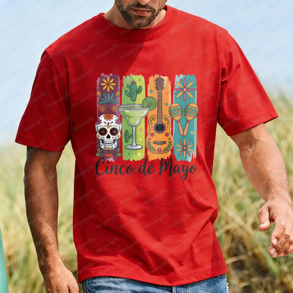 Cinco De Mayo Sugar Skull T-Shirt Mexican Folk Graphic Tops Festival Casual Cotton Tee Festival Men's Clothing Funny Camisetas