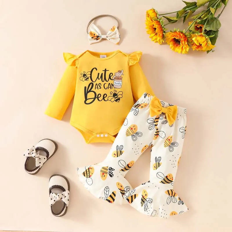 

Autumn Newborn Baby Girl Clothes Set Little Bee Letter Print Long Sleeve Bodysuit Flared Pants Hairband Baby Outfits 0-18 Months
