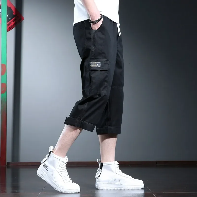 

2022 Summer Fashion Cargo Pants Men Baggy Calf-Length Pants Streetwear Casual Pure Cotton Black Drawstring Trousers