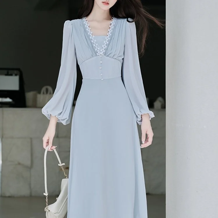 

Elegant Blue Fairy Tale Dress Spring New Gentle Style French Country Floral Lace Hem Long Skirt Polyester Fabric V Neck Casua...