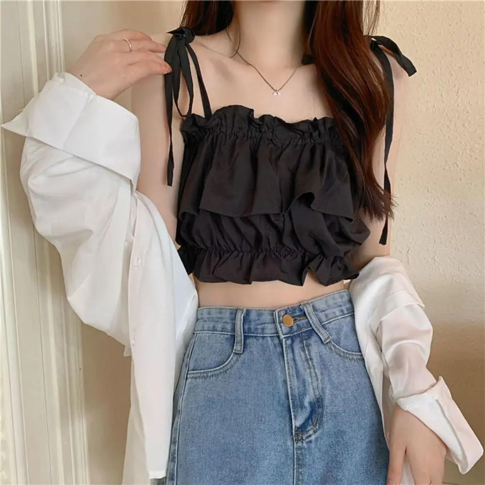 Square Neck Ruffle Bowknot Sleeveless Camisole Vest Backless Bow Lace-tied Up Tank Tops Beach Wear Female Top