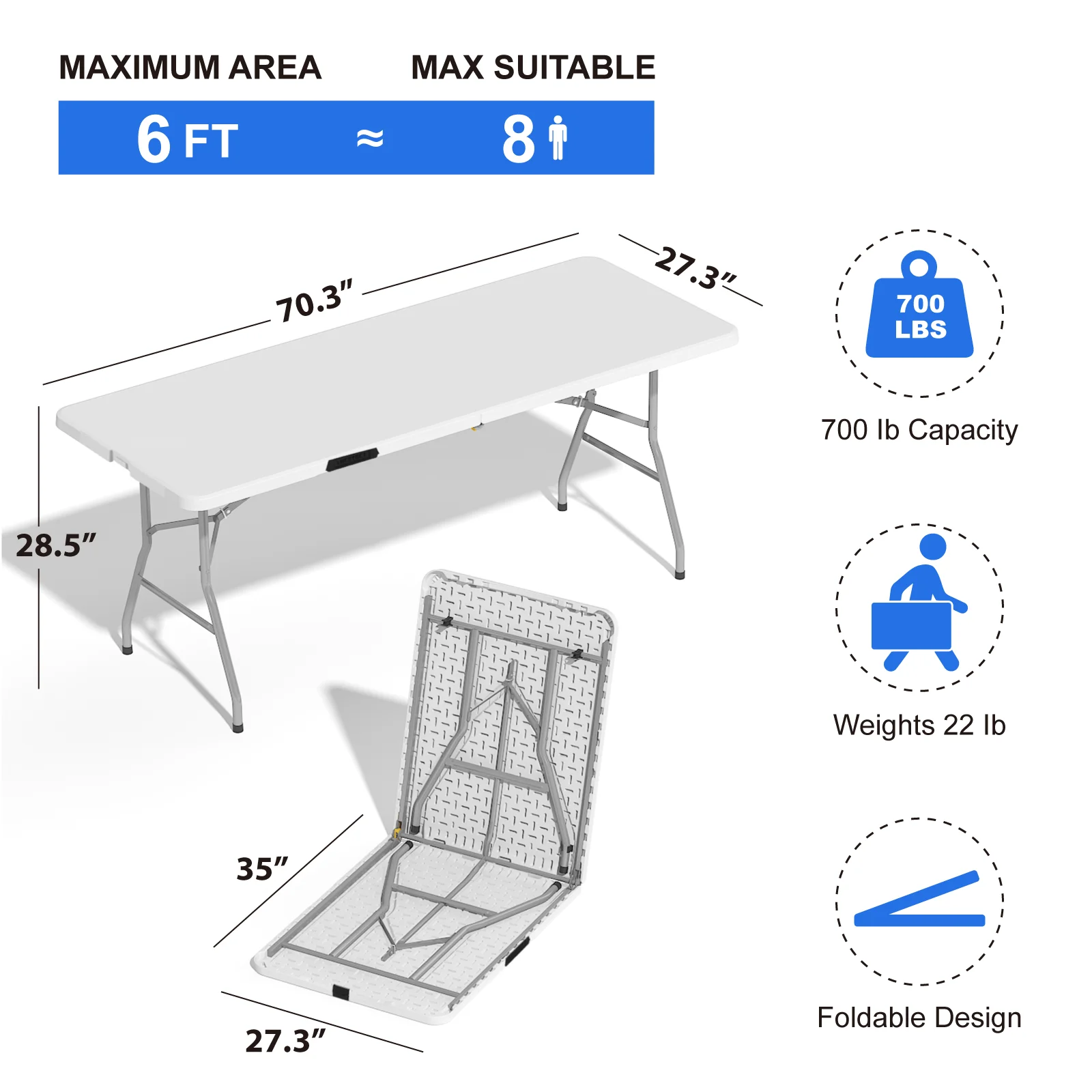 6FT Folding Table, Heavy-Duty Plastic Foldable Table with Carry Handle & Locking Legs, For Camping, Party, Picnic,White/Black