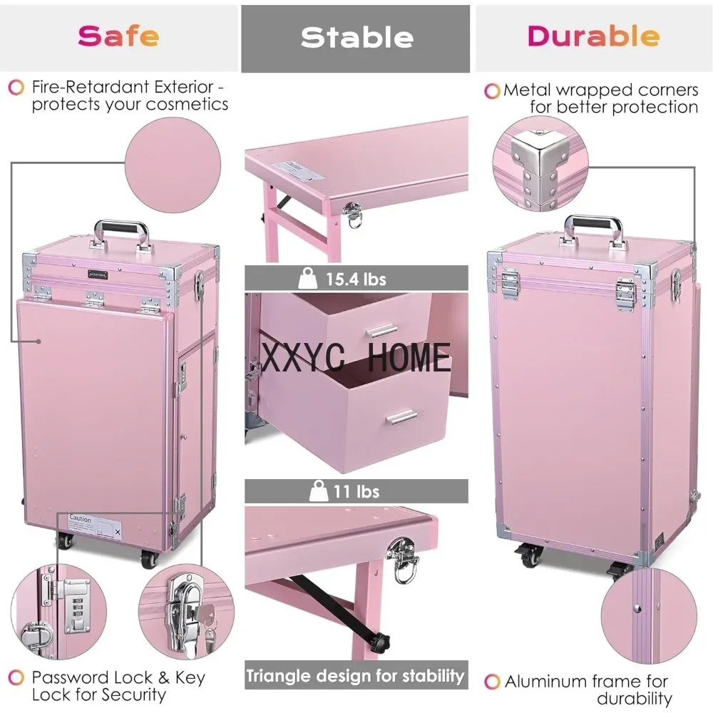 Rolling Manicure Table Foldable Nail Table Makeup Train Case with Desk Cosmetic Trolley Travel Storage Organizer