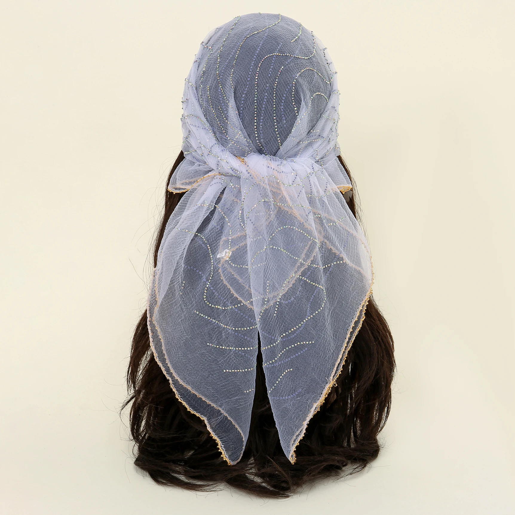 

Блестящая бандана со стразами, квадратный шарф, элегантные дышащие шелковые шарфы, легкая повязка на голову из пряжи, кружевной платок 80*80 см