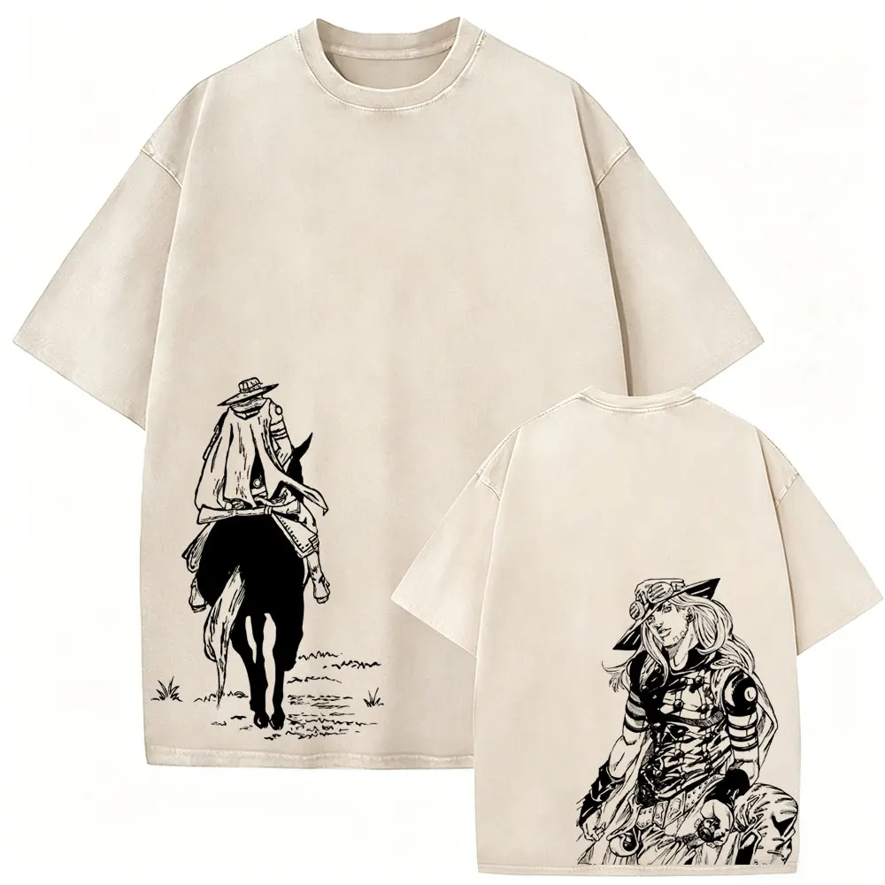 Gewaschene Vintage Anime Jojo Bizarre Adventure Steel Ball Run T-Shirts Retro Manga Gyro Zeppeli T-Shirt Herren Lässiges Oversize-T-Shirt – Detail 2