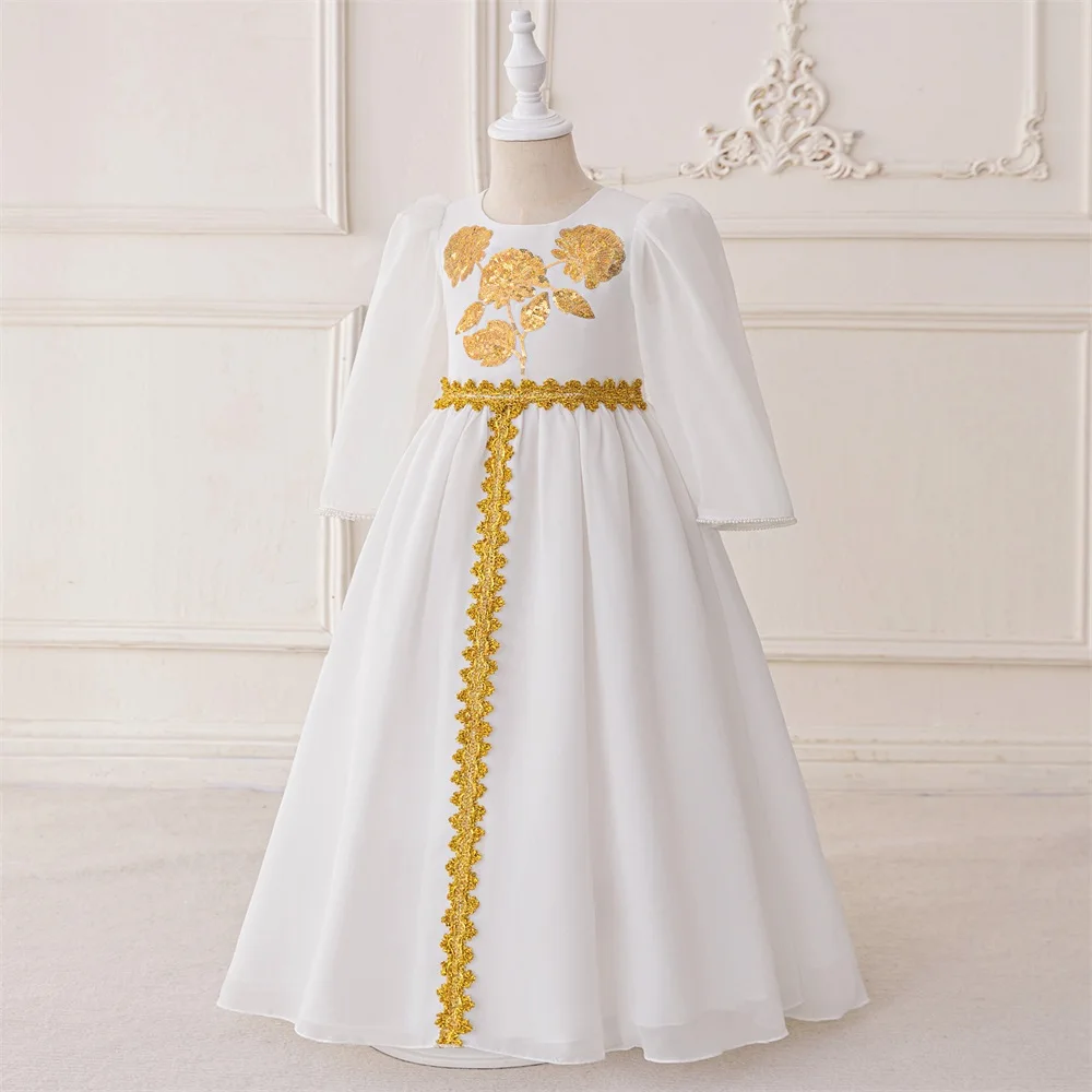 Muslim Girl Sequins Embroidered Mesh Ball Gown Ramadan Birthday Parties Banquets Piano Performances Cocktail Princess Dress