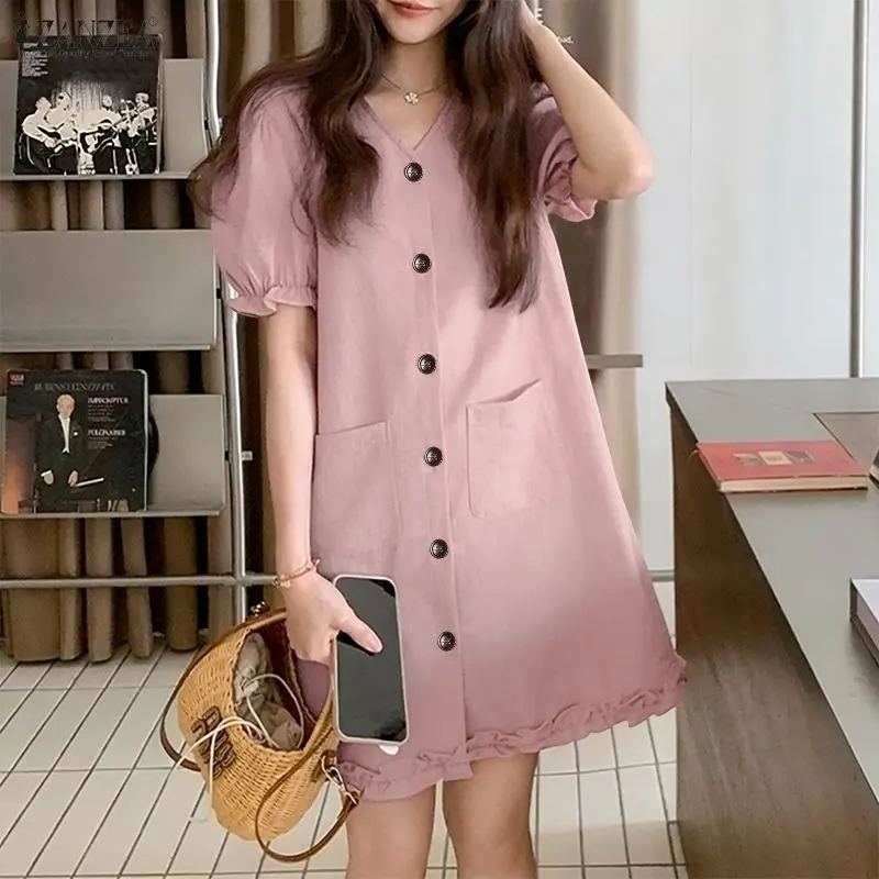 ZANZAE Casual Sweet Women Knee-Length Dress V-Neck Short Puff Sleeve Loose A-Line Dresses Summer Fashion Ruffle Trim Robes Femme