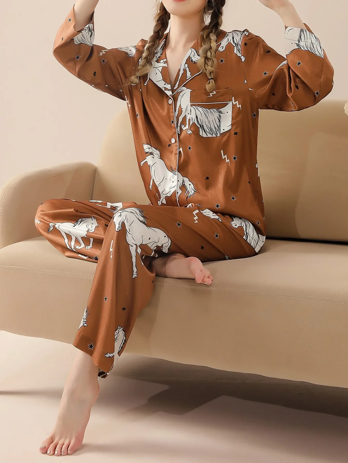 2024 New Women\'s Two-Piece Pajamas Set - Long Sleeves and Pants with Everyday Horse Print. Comfortable Silk-Textured Satin for a