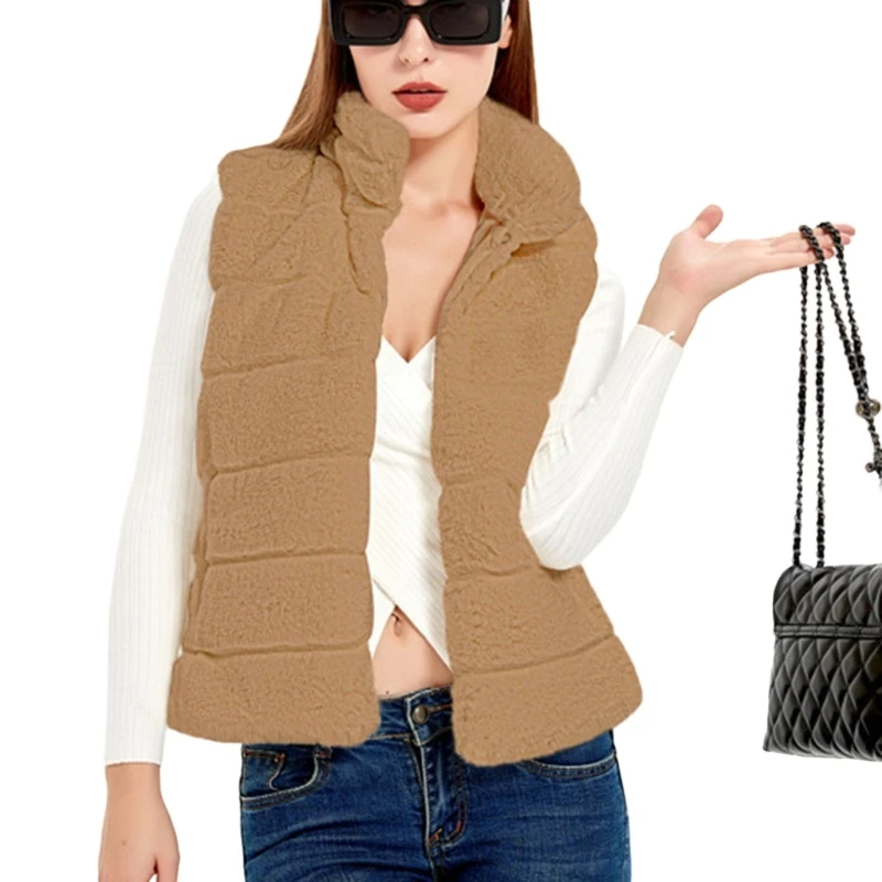 

Women Sleeveless Zipper Up Stand Collar Vest Jackets Coat Winter Fall Solid Color Fuzzy Fleece Warm Outerwear Waistcoat 066C