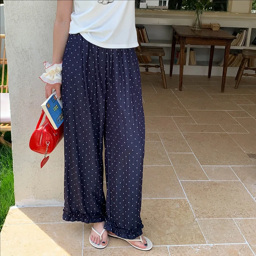 

Summer casual polka dot loose patchwork wide leg pants women trousers