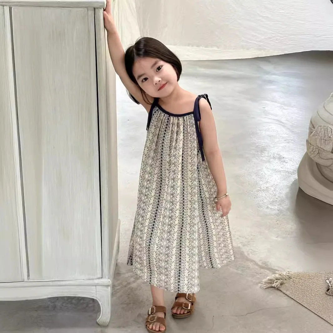 

Girls Casual Dresses Summer New Korea Childrens Clothing Korean 2024 Lovely Fragmented Flowers Loose Fashion Striped