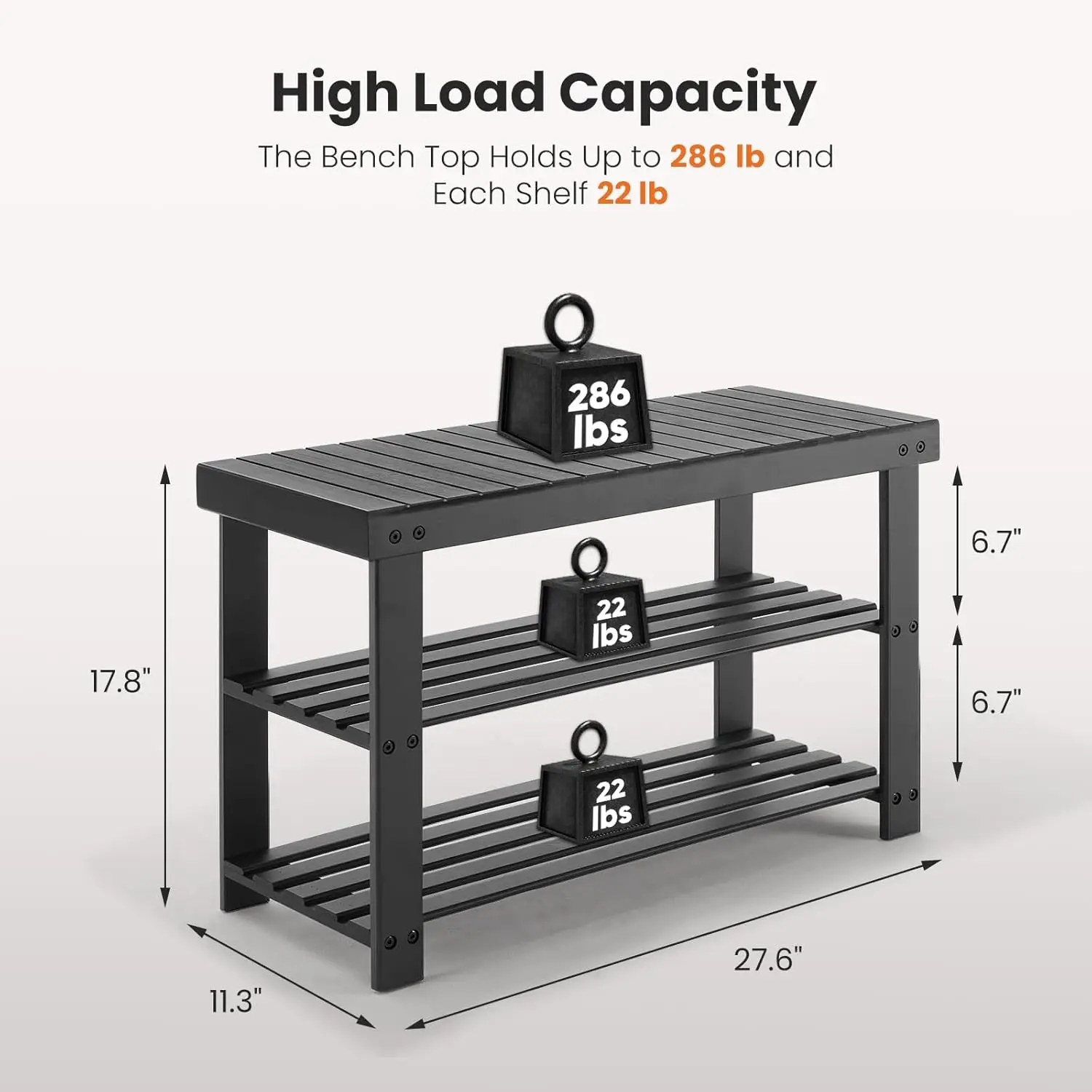 3段シューズラックベンチ、竹製玄関収納オーガナイザー、玄関ドア、寝室、リビングルーム用シューズスタンド、ブラック