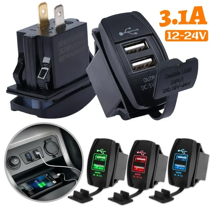 Car Dual USB Power Charger 12V-24V Motorcycle Dual Port USB Charging Dock 3.1A Car Quick Fast Charge Charging Dock with LED Lamp