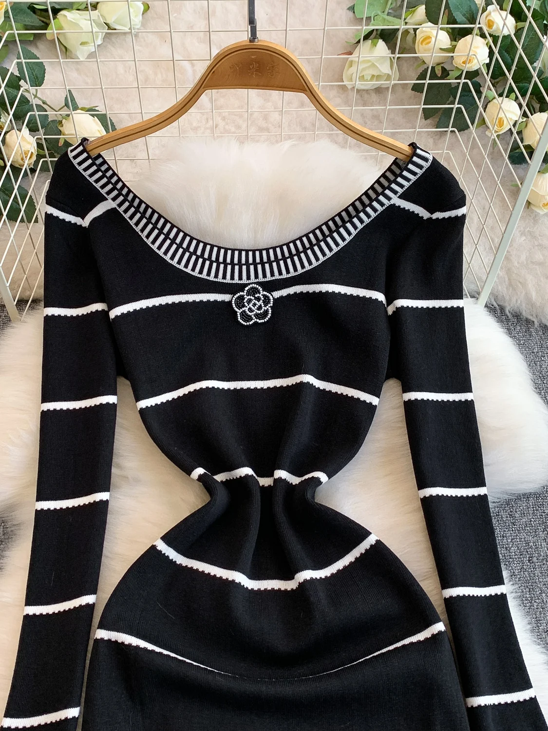 الخريف الرغبة النقية U-Ne التخسيس تصميم أقحوان نمط محبوك طويل الدكتور المرأة تنوعا شيك مخطط ألف خط الدكتور