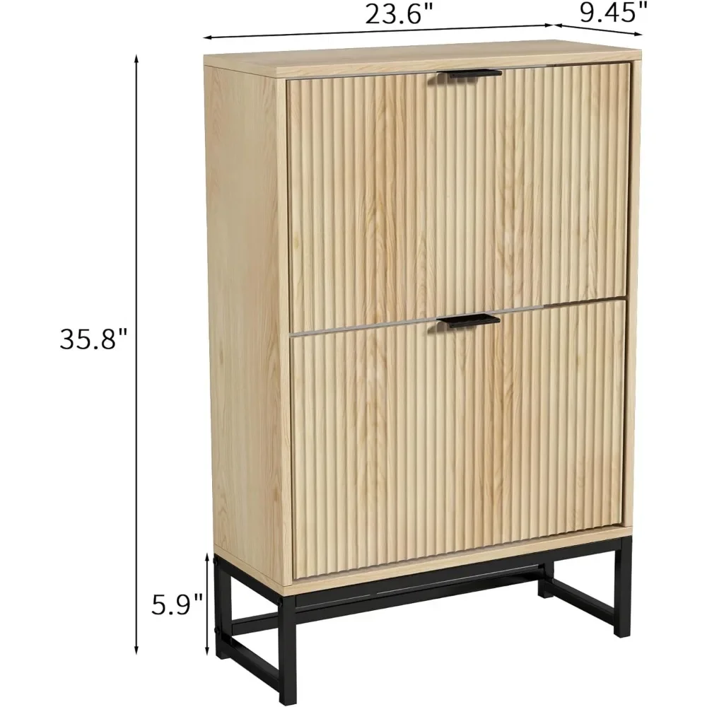 Shoe Cabinet Storage for Entryway, Modern Slim Shoe Organizer, Tipping Shoe Cabinet with 2 Flip Drawers Fluted Panel