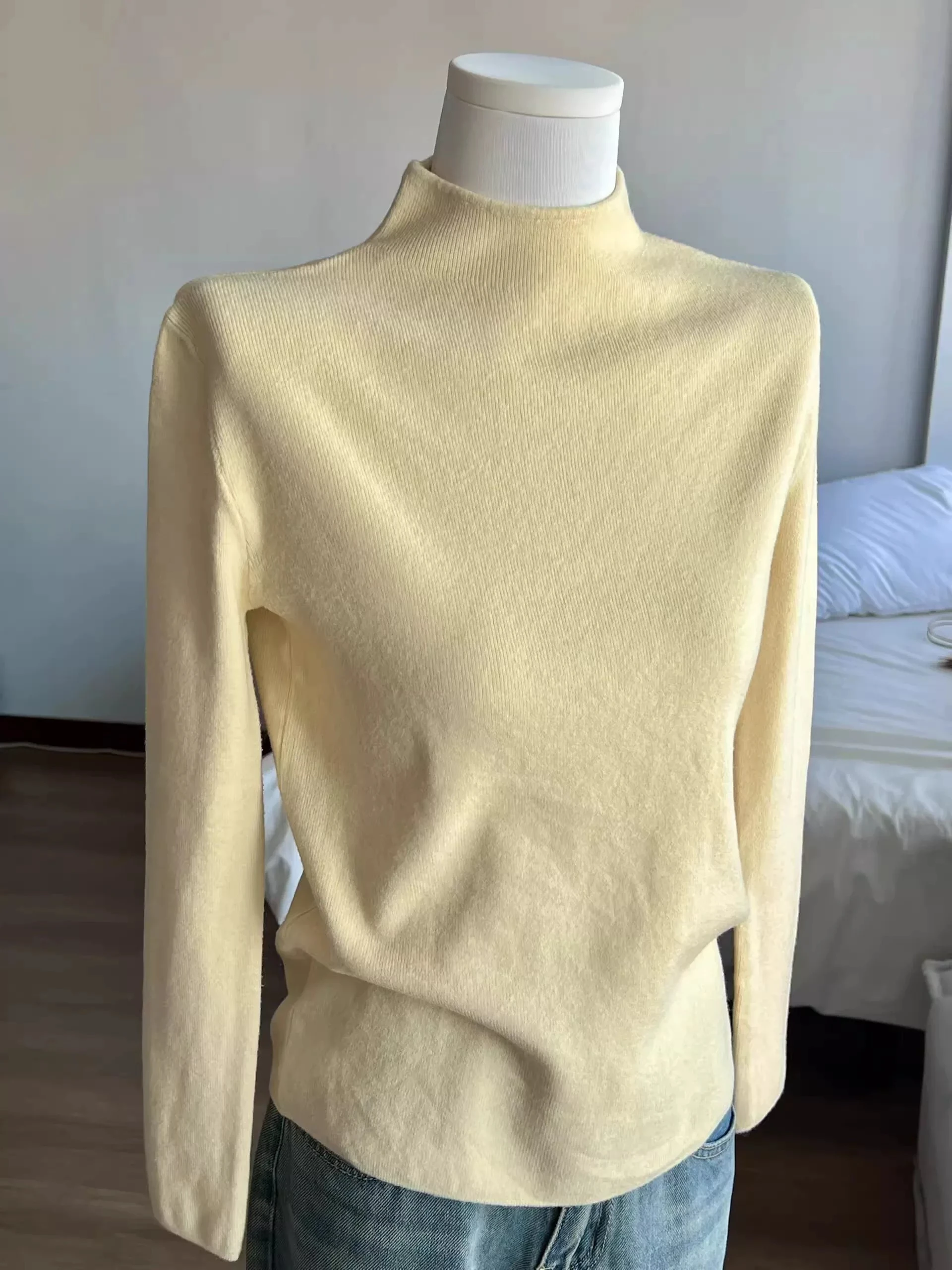 Dopamine Sweet Girl Style Milk Yellow Small Stand Collar Women's Knitted Sweater 2026 Autumn Winter Inner Half High Collar Kn...