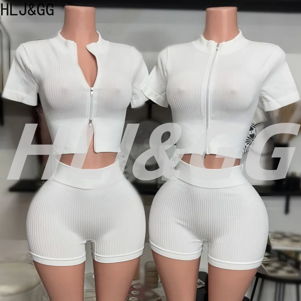 HLJ&GG High Quality Casual Bodycon Woman 2 Piece Set Outfit Solid Color Short Sleeve Tank Tops +  Shorts Suit Female Streetwear