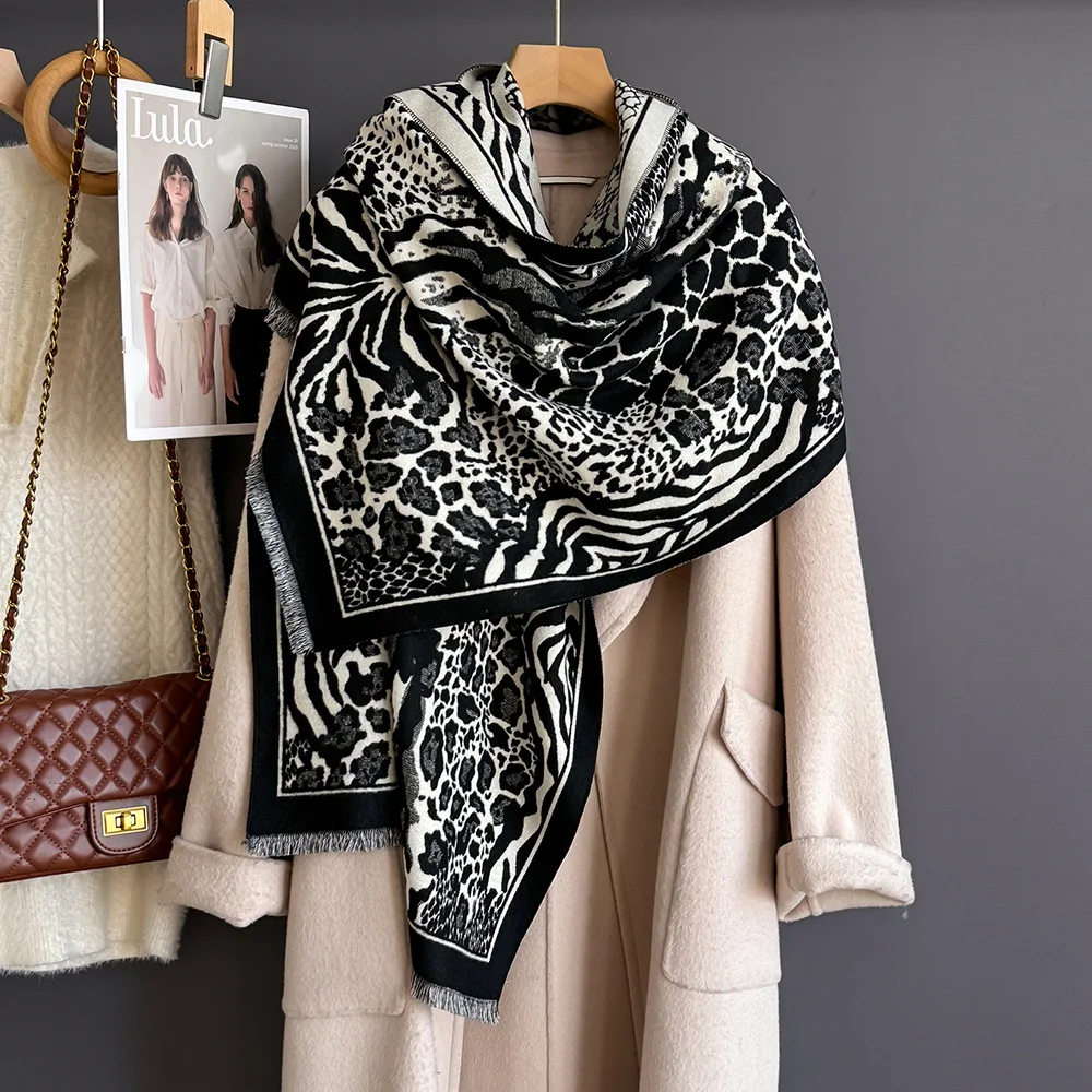 

Fashion Zebra Leopard Print Faux Cashmere Scarf Shawl Women Autumn Winter Warm Neckerchief Wraps Long