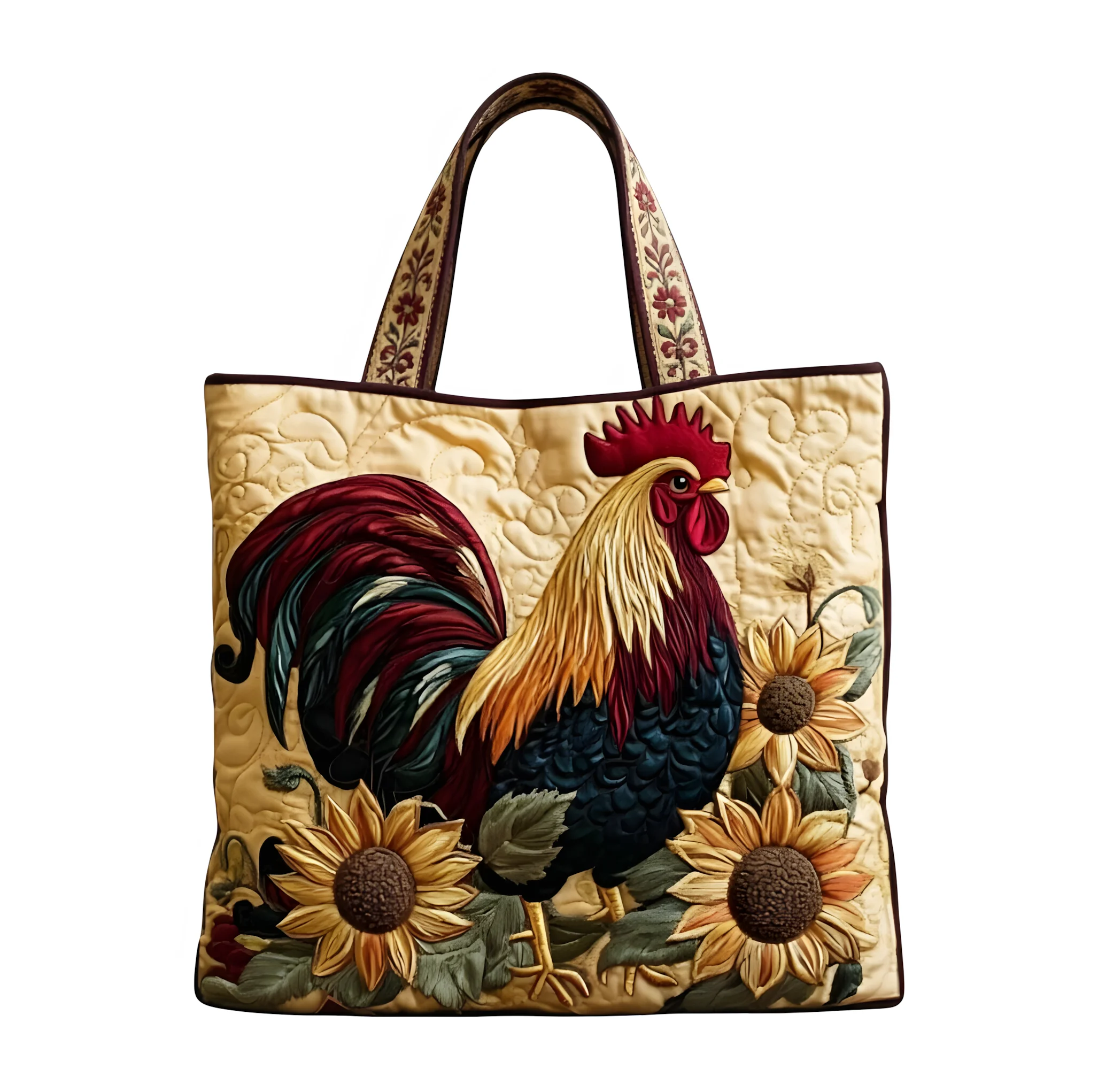 

Farmhouse Rooster Sunflower Quilted Tote Bag Vintage Country Style Handbag, Large Shoulder Bag for Women Shopping Travel