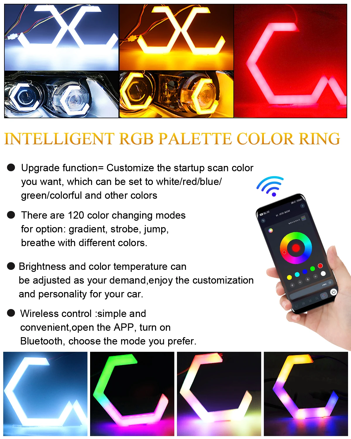 24V 12V RGB Lotus Lamp APP Control Hexagon Angel Eyes Rings Car Motorcycle Headlight Switchback White DRL Amber Turn Light