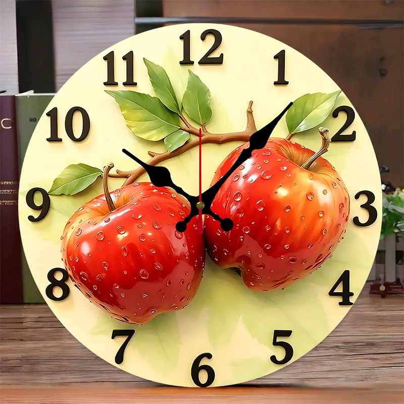 Vintage Apple Design Wooden Round Silent Hanging Wall Clock,Suitable For Living Room,Office, Study Room,Bedroom, Home Decoration