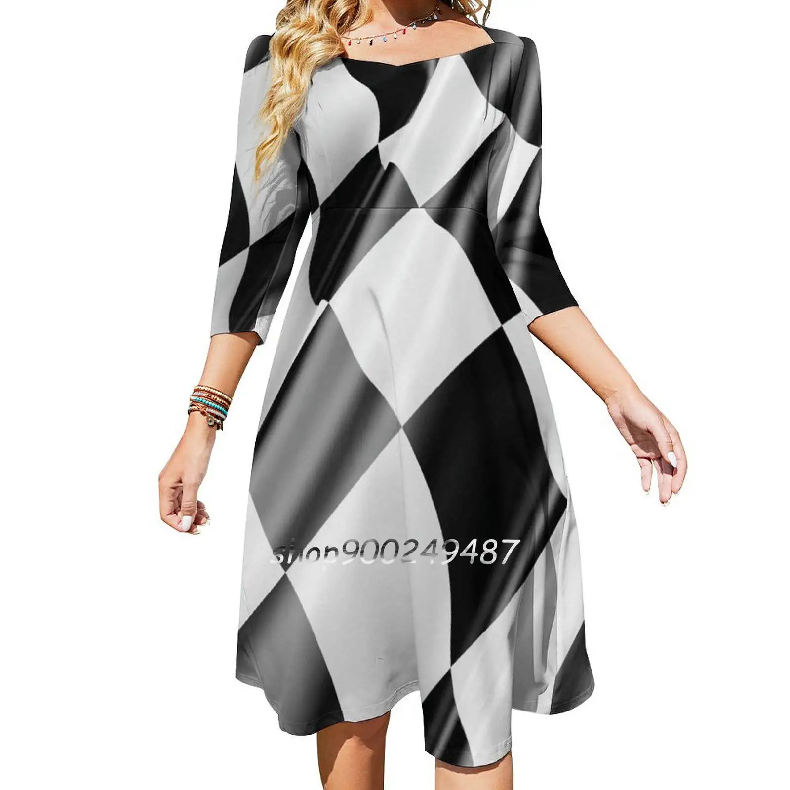 Checkered Flag. Cloth , Win , Winner , Chequered Flag , Square Neck Dress Cute Loose Print Dresses Elegant Beach Party Dress