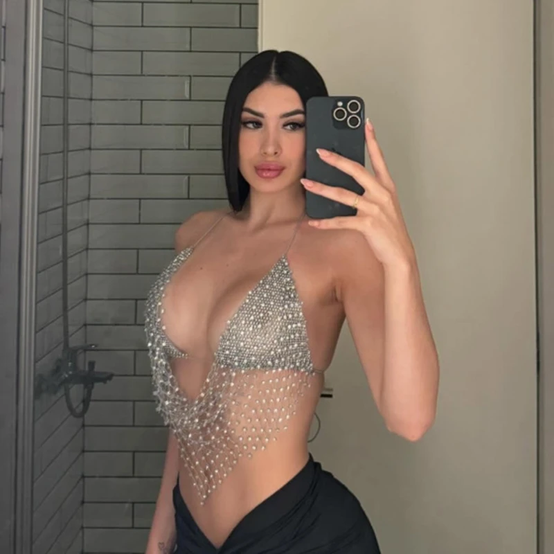 Women's Rhinestone Shiny Sequined Hollow Out Tops Sleeveless Tied Backless Lace-up Halter Neck Triangle Hem Bra Tanks