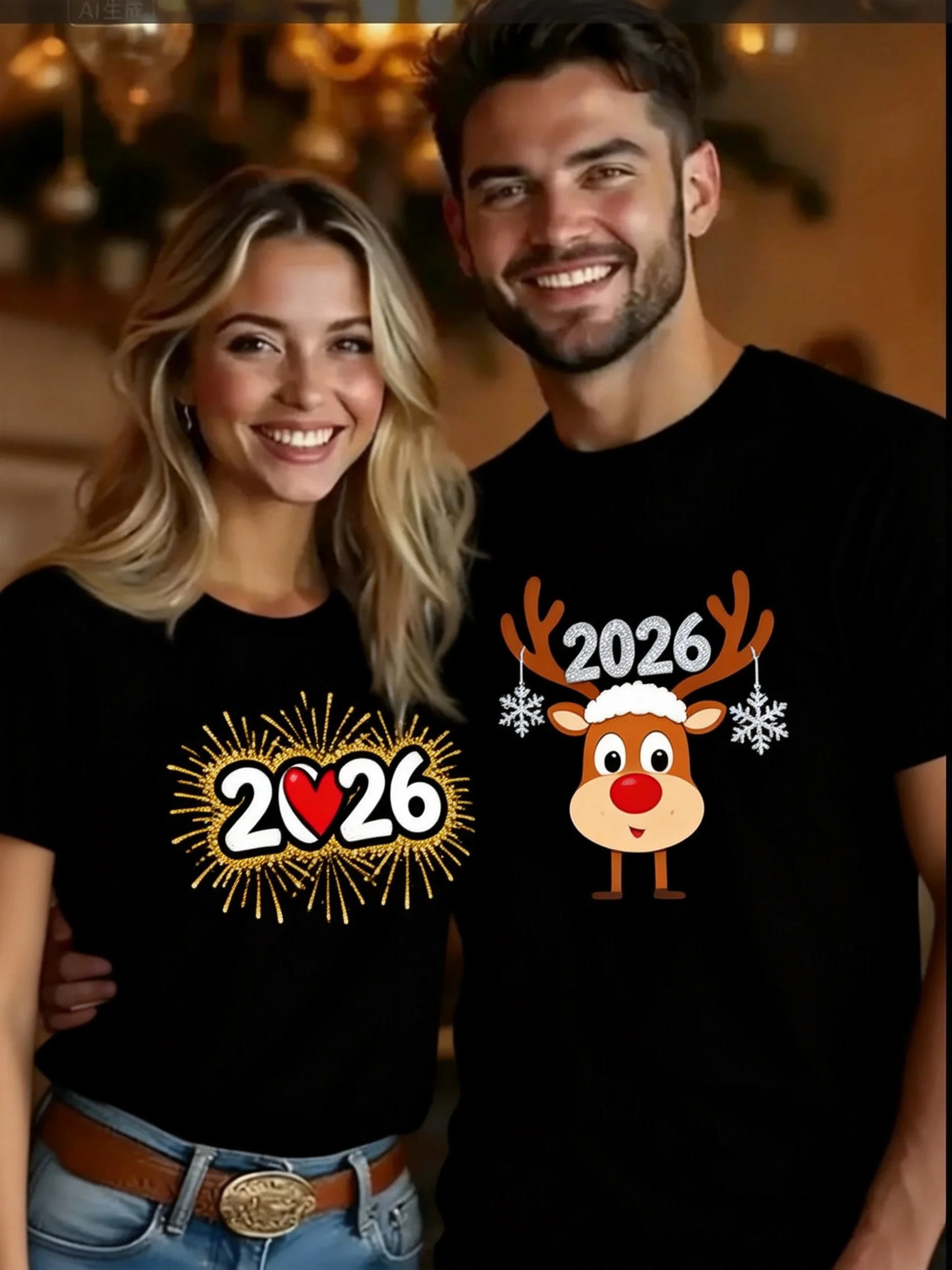

Retro New Year Couple Tee - Black Cotton Oversized Crew, 2026 NYE Typography Art, Gym-Ready Design