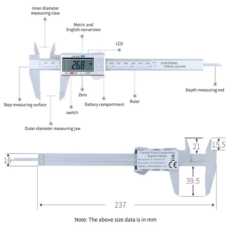 Digital Vernier Calipers Measure 150mm 6inch LCD Electronic Carbon Fiber Gauge Height Measuring Instruments Micrometer