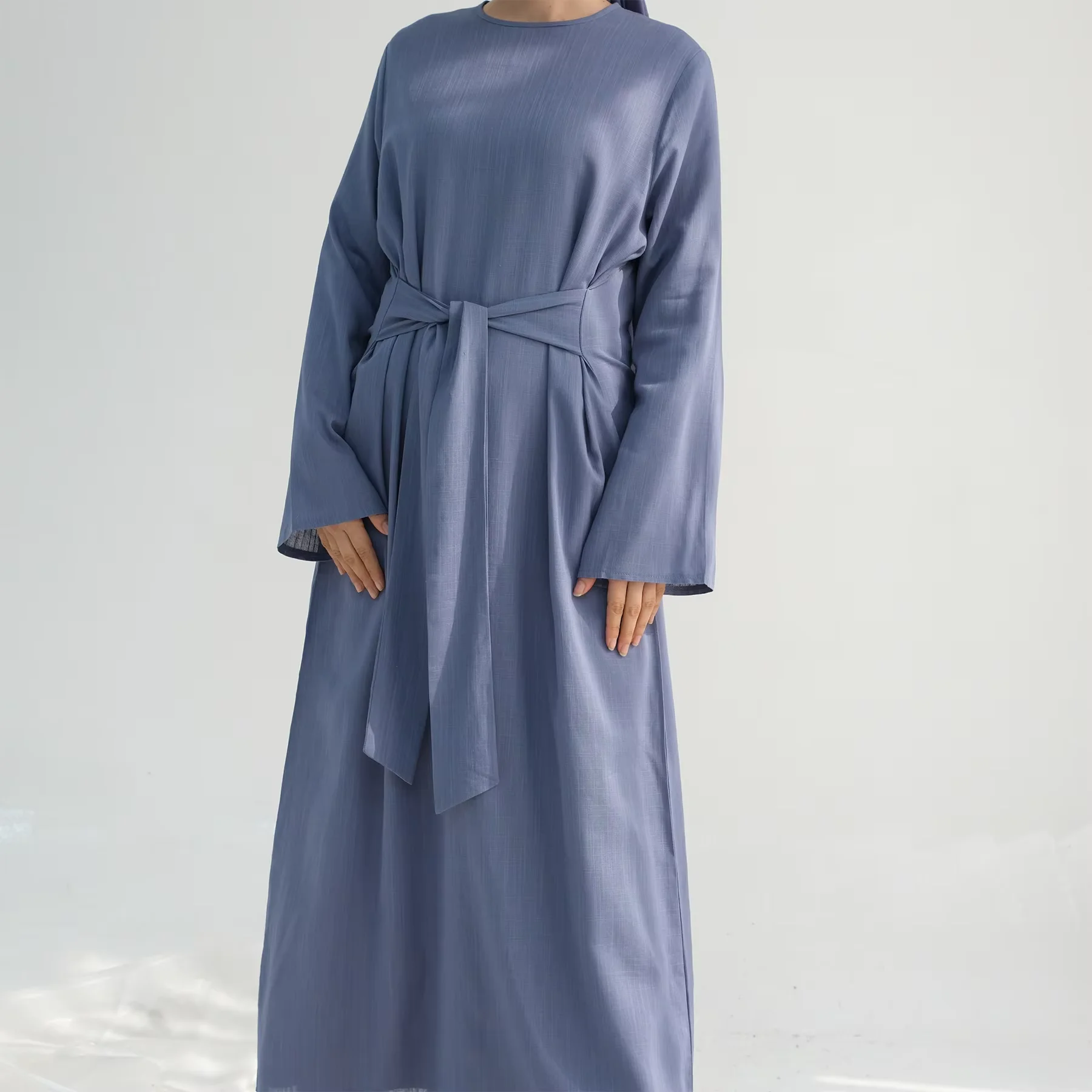 

Linen Cotton Fabric Belt Wrap Modest Abaya Women Muslim Dress Islamic Clothing Dubai Caftan Marocain Femme Robe Jalabiya Kebaya