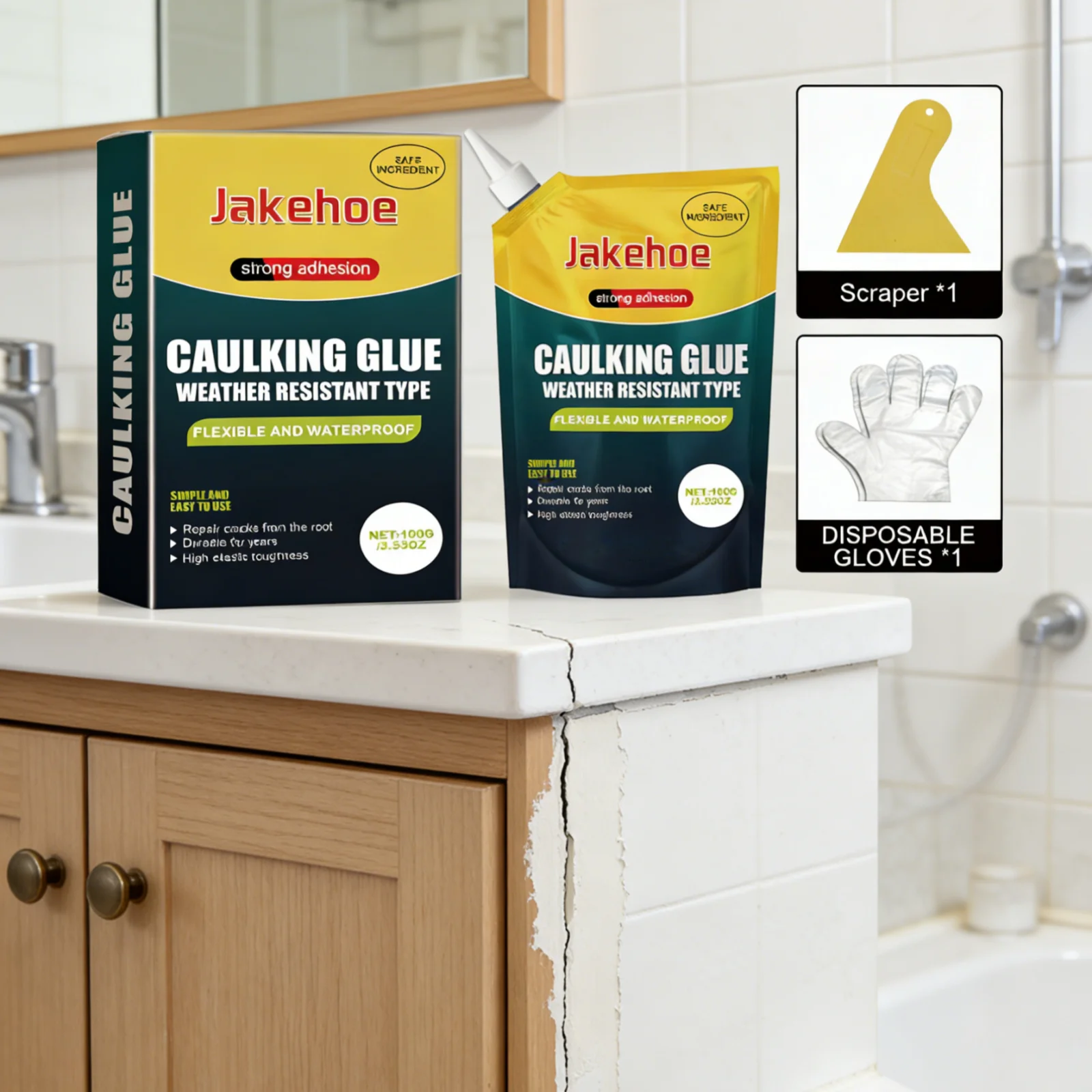 

Jakehoe Caulking Glue Strong Adhesion Crack Repair Rapid Curing Weather Resistant Durable Waterproof Sealant with Scraper 100g
