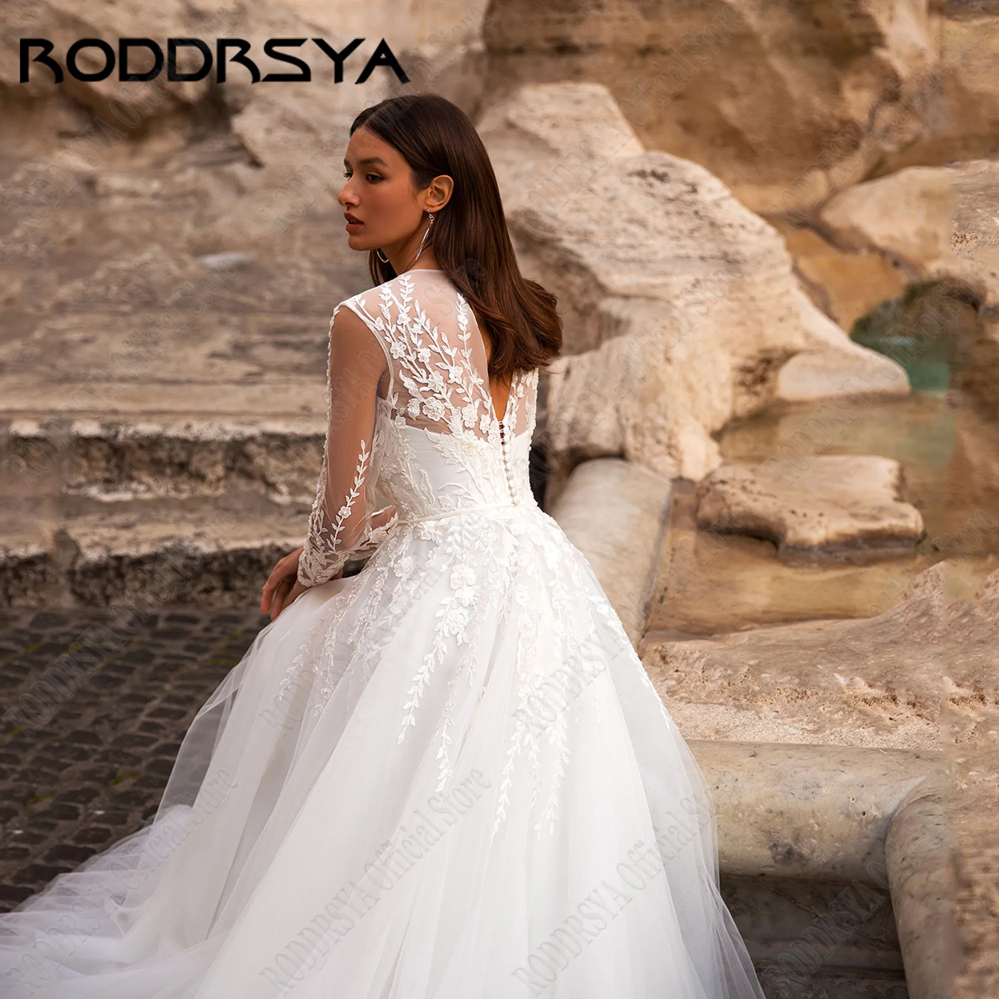 RODDRSYA Beach V-Neck Wedding Dress Long Sleeves Sequin A-Line Elegant Bride Gowns Lace Applique Robe De Mariée Bohème Plus Size