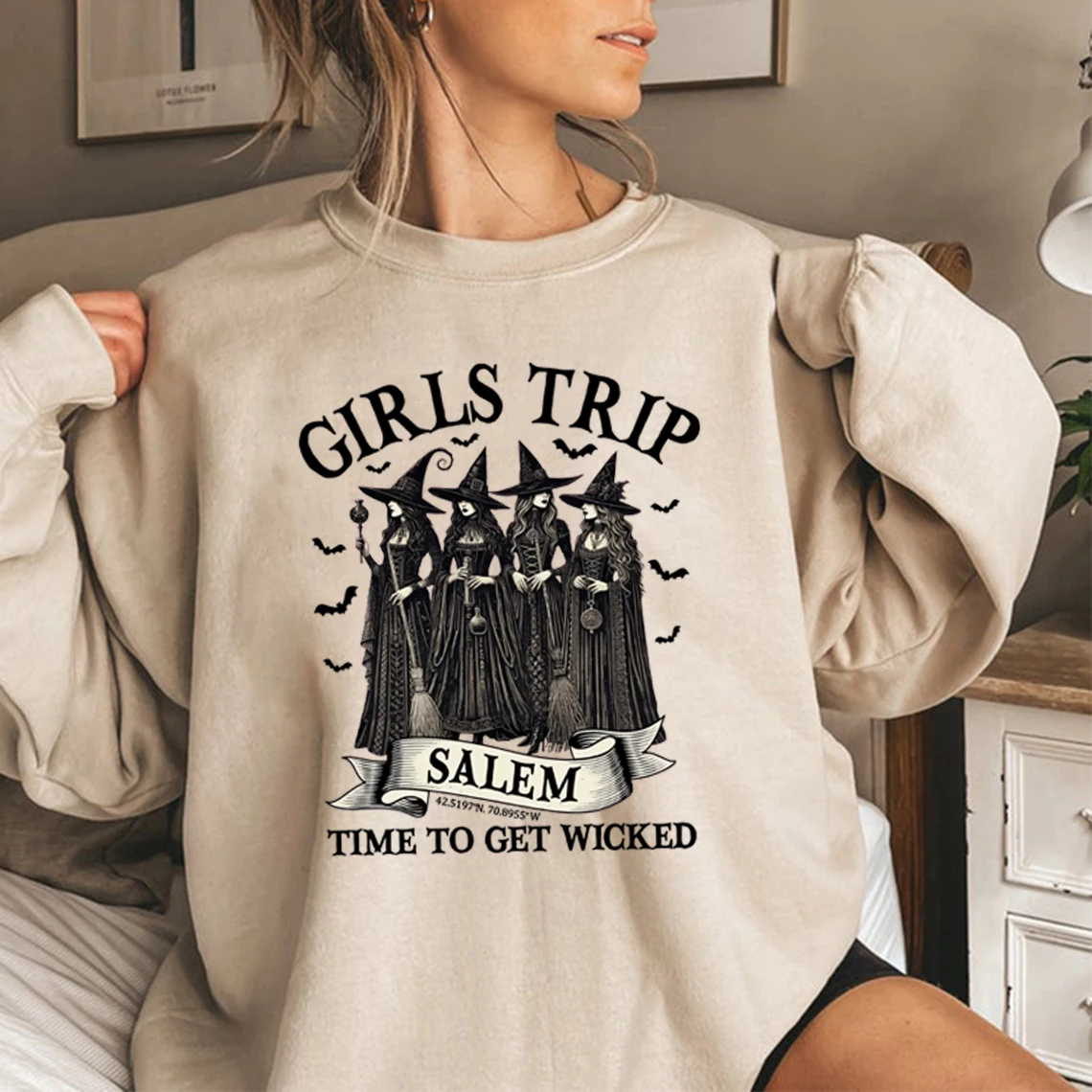 

Halloween Girl's Trip Salem Time To Get Wicked Sweatshirt Halloween Retro Girls Trip Sweatshirt Salem Witch Women Graphic Hoodie