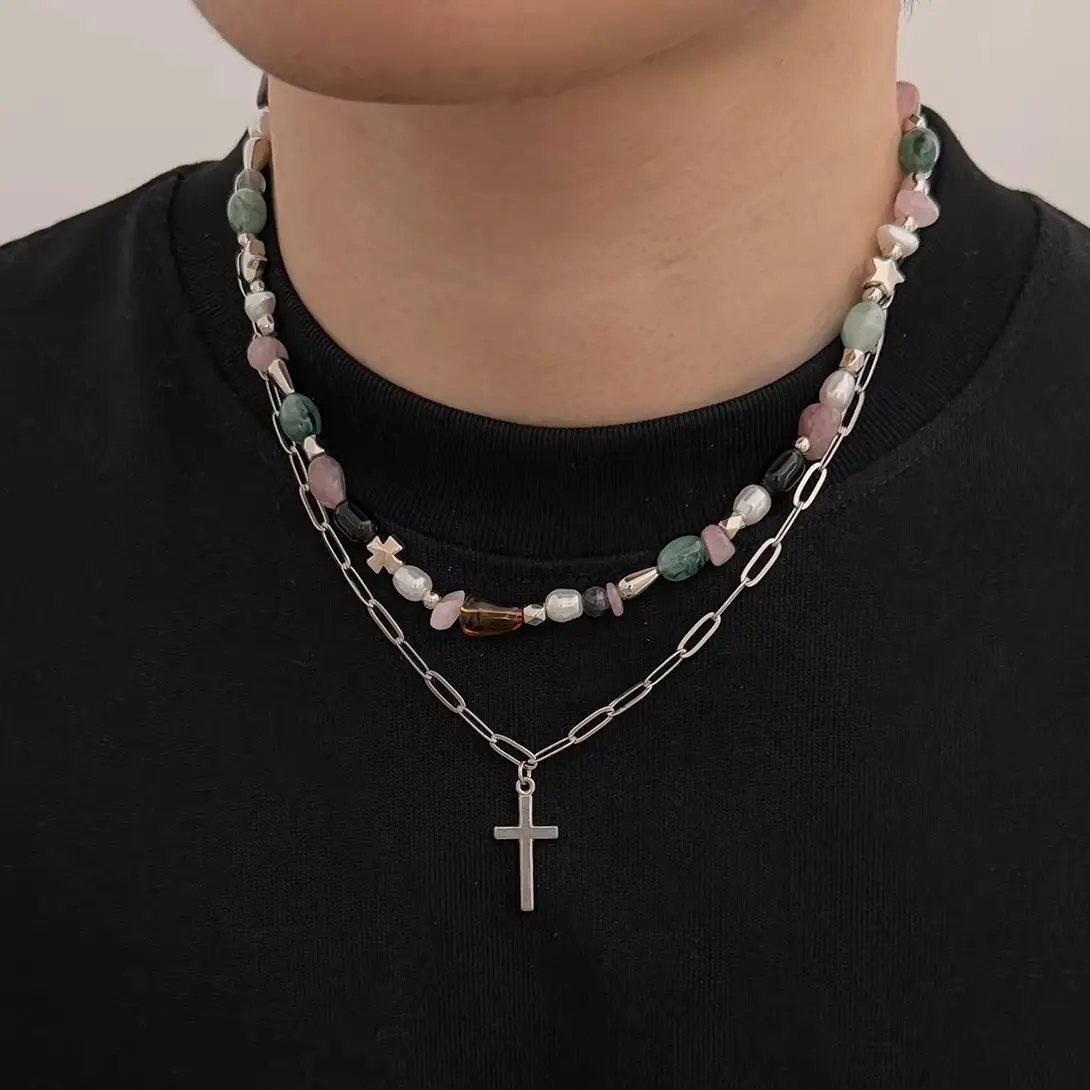 SHIXIN New Fashio 2pcs Trendy Acrylic Resin Beads Choker Necklace Set Men Hip-Hop Punk Jesus Cross Pendant Jewelry On The Neck