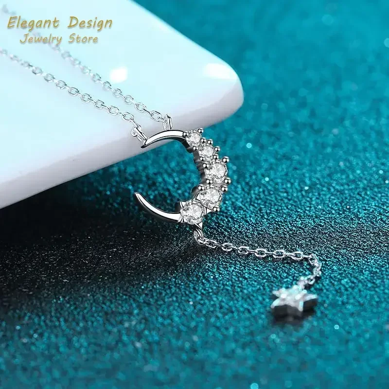 Charm Jewelry 0.4ct Moissanite Starry and Moon Pendant Popular Ins Platinum PT950 Necklace for Women Wedding Party Gifts