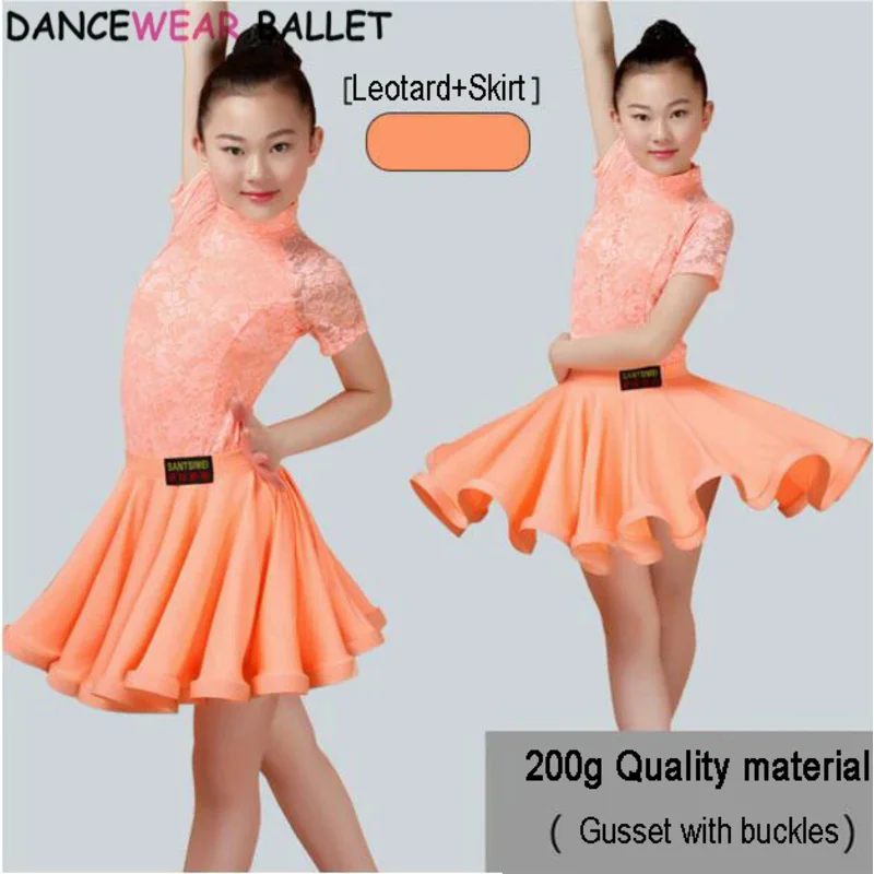 New Girls latin dance skirt Ballroom Salsa Tango Skirts Kid Child Lace Split Dress With Leotard And