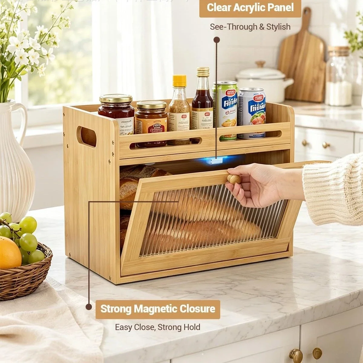 Bamboo Kitchen Bread Box with Visible Window, Food Storage Container Fruit Snack Organizer Spice Bottle Storage Rack