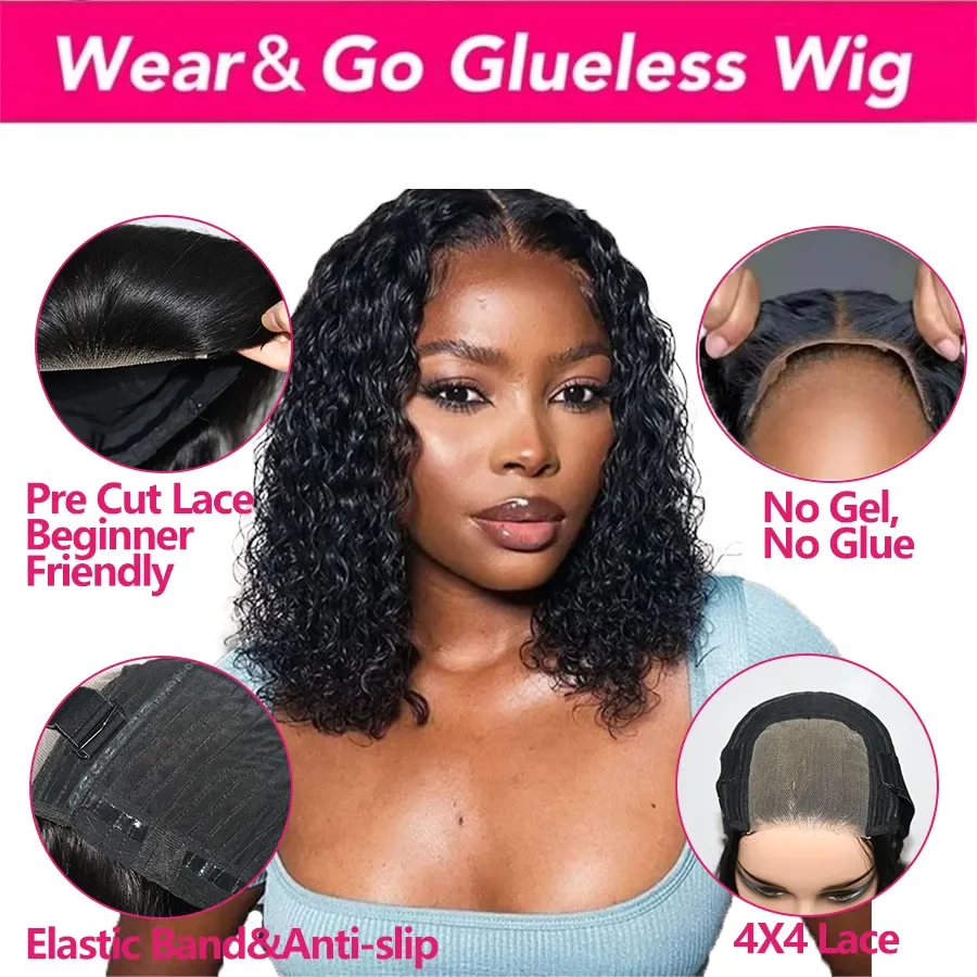 Pronto para usar perucas sem cola bob onda profunda sem cola cabelo humano 180% pré corte laço 4x4 13x4 preto culry perucas dianteiras do laço cabelo humano